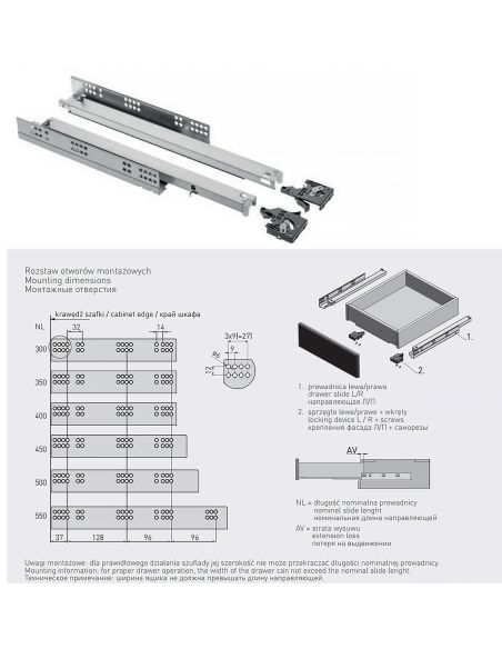 Направляющая для 18мм ДСП скрытого монтажа полного выдвижения