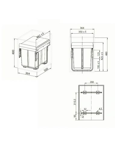 Ведро-сегрегатор для шкафа 400мм тройное с креплением фасада (PB-45М202S10)