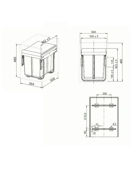 Відро-сегрегатор для шафи 400мм потрійне з кріпленням фасаду (PB-45М002х20)