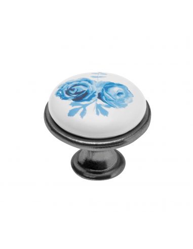 Ручка мебельная керамика кнопка GP-0728-J4-A синяя роза)старое серебро