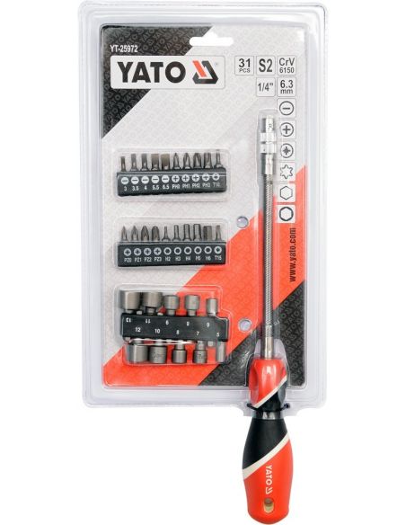 Отвертка-держатель с гибким стержнем YATO с насадками 1/4" 31 шт