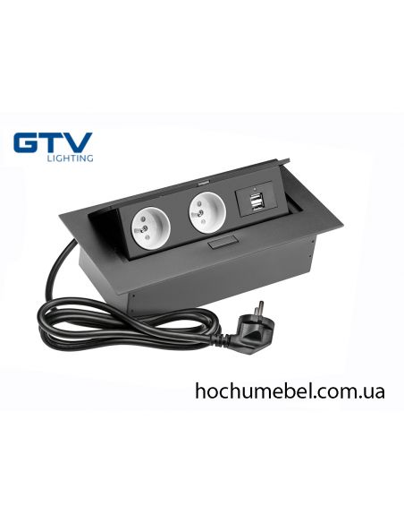 Подовжувач прямокутний 2 розетки French + 2xUSB чорний з проводом 1,5 метра