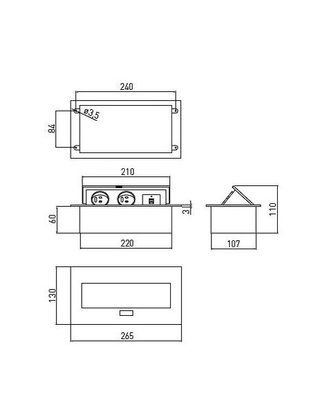 Разветвитель прямоугольный врезной 2 розетки French+ 2xUSB черный с проводом 1,5 метра