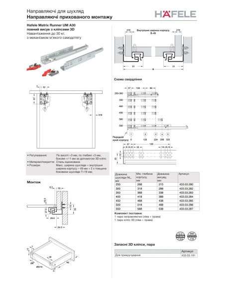 Направляючі повного висуву Hafele MATRIX 16-19мм (комплект)
