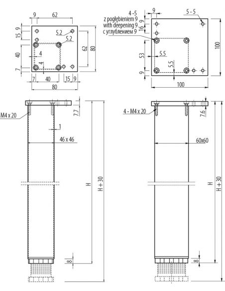 Нога квадратная 60х60 h820 алюминий