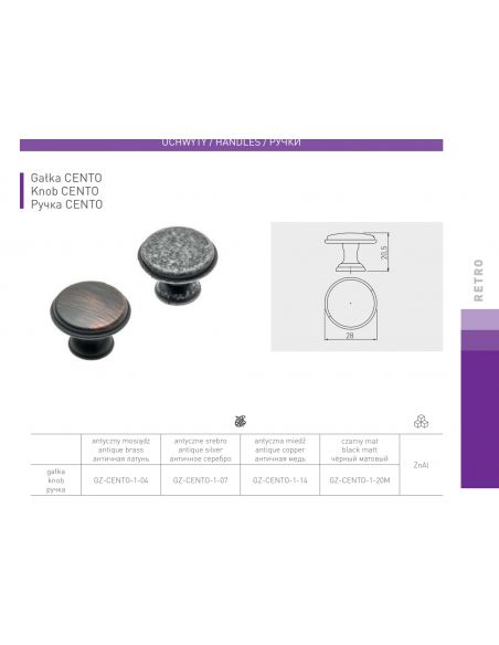 Ручка кнопка GTV CENTO d28 мм Античне срібло