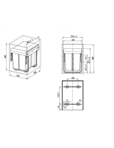 Ведро-сегрегатор для шкафа 400мм без переднего крепления (PB-45-002х20)