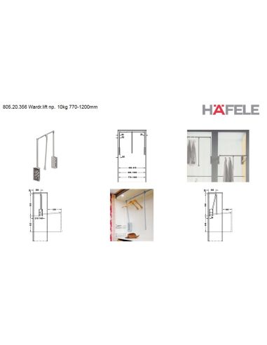 Гардеробна ліфт-пантограф HAFELE 10 кг. в проріз шафи 770-1200 мм нікель 805.20.356